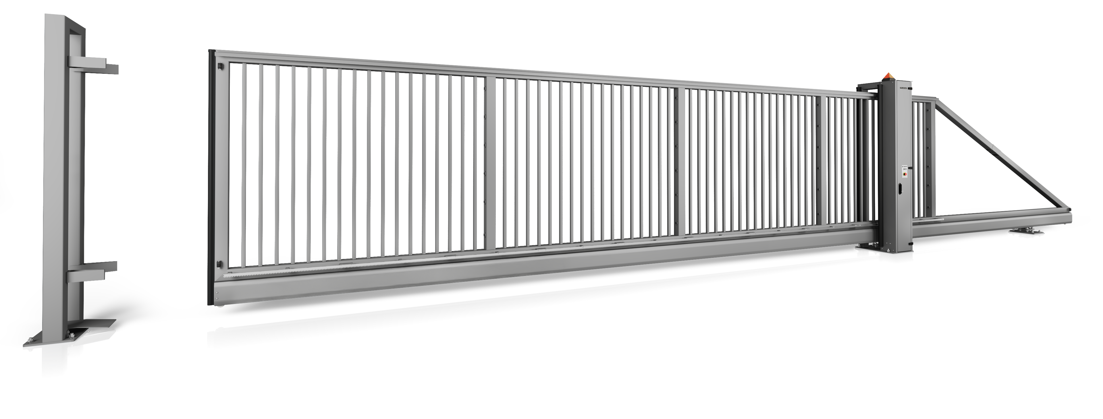 Industrieschiebetor Grundrahmenhöhe 200 mm Elektrisch 12000 x 2000 Linksöffnend vom Grundstück zur Straße blickend RAL 8017