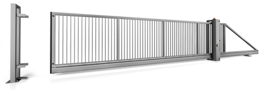 Industrieschiebetor Grundrahmenhöhe 200 mm Elektrisch 9000 x 2000 Rechtsöffnend vom Grundstück zur Straße blickend RAL 7040