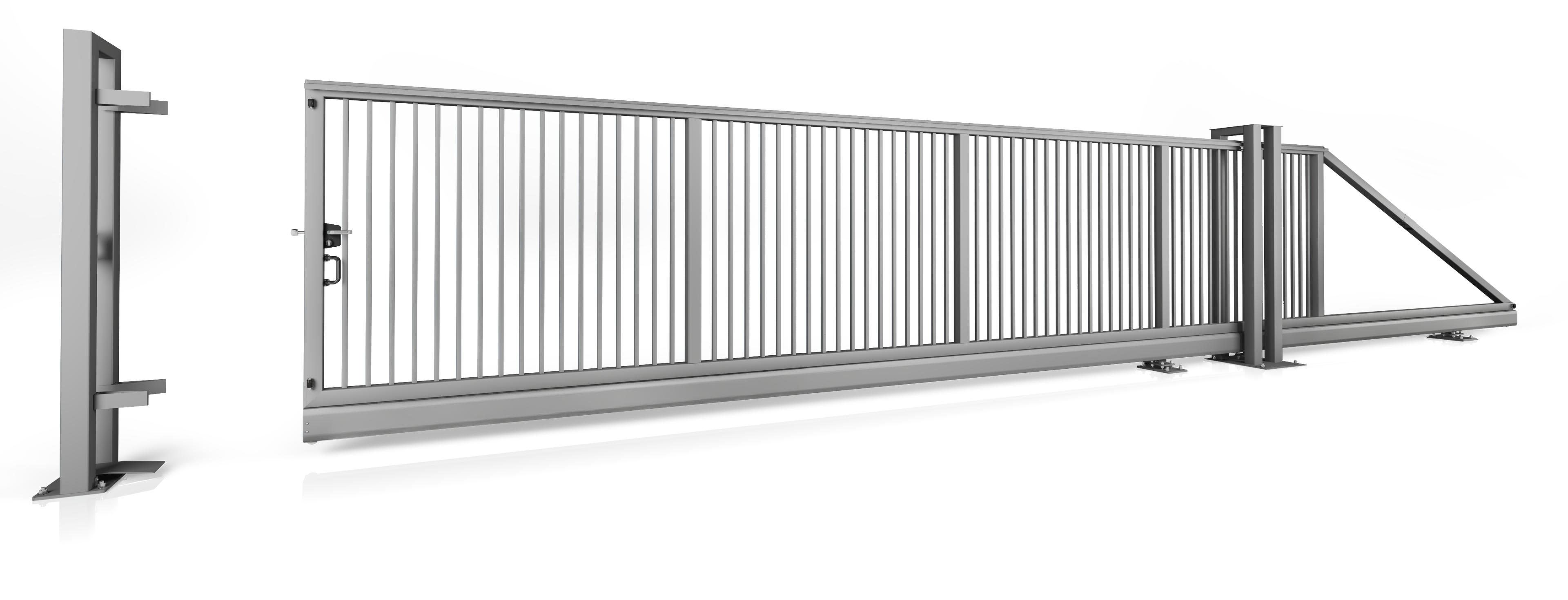 Industrieschiebetor Grundrahmenhöhe 200 mm Manuell 12000 x 2000 Linksöffnend vom Grundstück zur Straße blickend feuerverzinkt